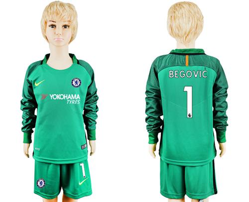 Chelsea #1 Begovic Green Goalkeeper Long Sleeves Kid Soccer Club Jersey